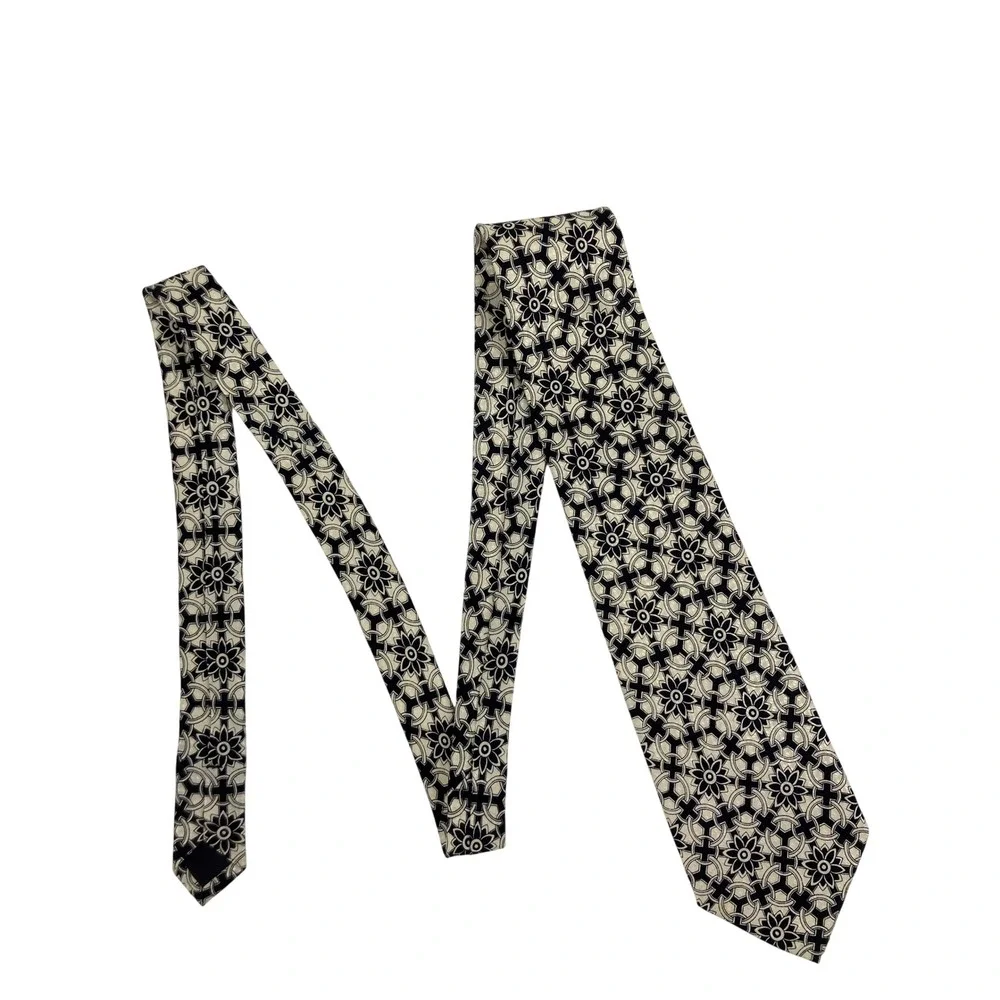 René Chagal Silk Tie Mens OS Black Cream Geometric Floral Hand Made 58